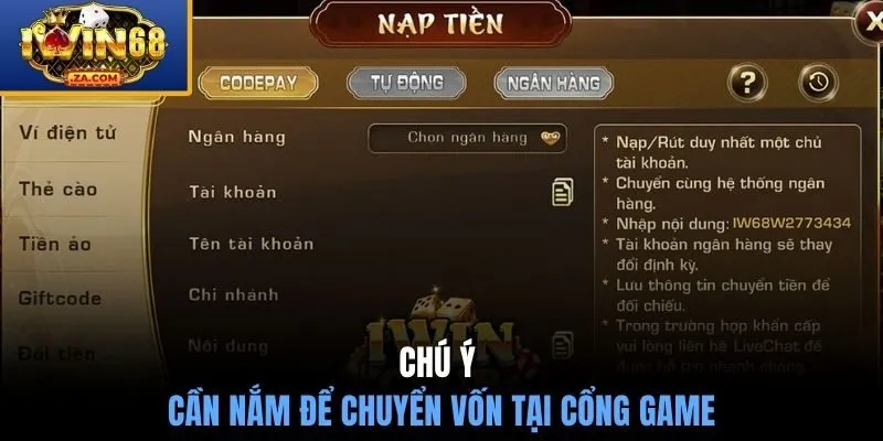Chú ý cần nắm để chuyển vốn tại cổng game